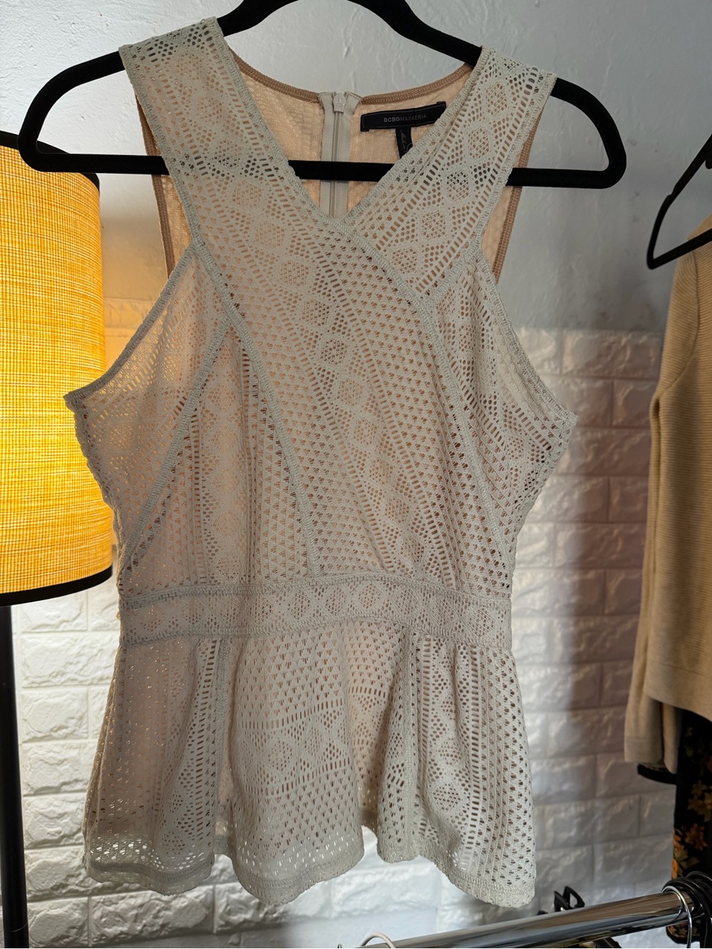 BCBGMaxAzria Ivory Crochet PeplumTop S